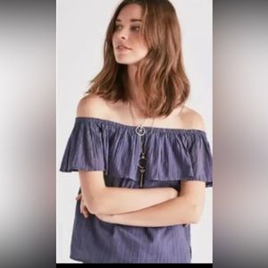 Lucky Brand blue off shoulder ruffle ruffled stripe striped blouse top shirt Med